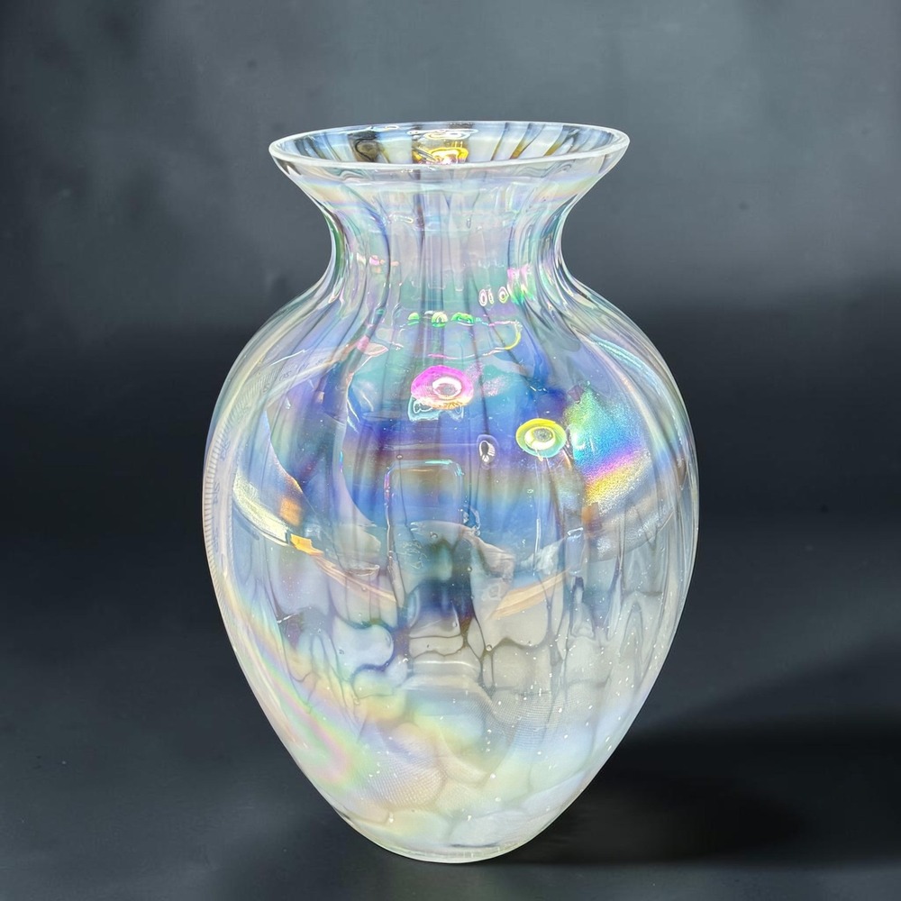 Silvestri Iridescent Art Glass Bud Vase Opalescent Ribbed White Clear 5 Inch
